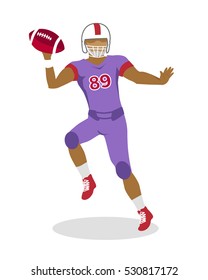 American football. Football player with ball in hands in equipment and helmet. Violet football uniform. Sport game. Cartoon icon of player jumping with red ball. American football sign.