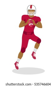 American football. Football player with ball in hands in equipment and helmet. Red uniform. Sport team game. Cartoon icon of American football player jumping with ball. Vector