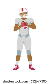 American football player with ball in hands in equipment and helmet. White football uniform. Sport team game. Sportsman logo. Vector