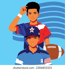 American football player with ball and helmet. Vector illustration in cartoon style
