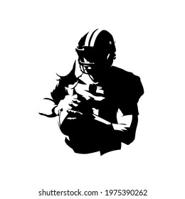 American football player with ball, isolated vector silhouette. Ink drawing logo