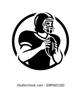 American football player with ball, logo, emblem.
