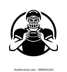 American football player with ball, logo, emblem.