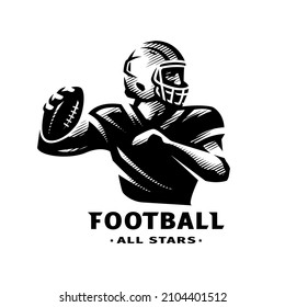 American football player with ball, logo.