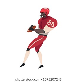 American Football Player with Ball, Male Athlete Character in Red Sports Uniform, Side View Vector Illustration