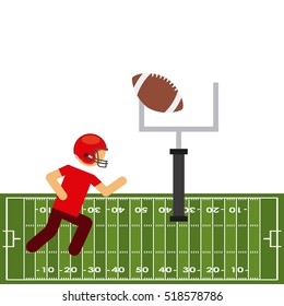 american football player with ball and running on green field. colorful design. vector illustration