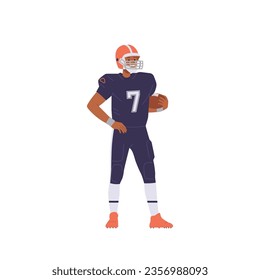 American football player cartoon character holding ball in hands standing isolated on white