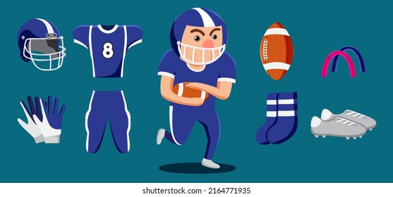 American Football Spieler Cartoon und Ausrüstung Set wie Ball, Uniform, Helm, Handschuh, Ball, Schuh. Objekte einzeln auf blauem Hintergrund.