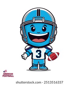 American football player cartoon mascot blue color vector, Cute cartoon boy rugby Football Player Sport Retro Mascot Character illustration.