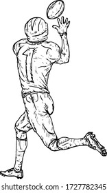 An American football player catching a ball for touchdown score. Hand drawn vector illustration.