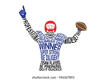American football player celebrate with raised first hand sign on top. Illustration form wording concept.