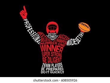 American football player celebrate with raised first hand sign on top. Illustration form wording concept.