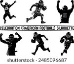 American football player celebrates touchdown, American football sportsman player celebrates win, isolated vector silhouette.