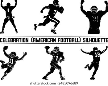 American football player celebrates touchdown, American football sportsman player celebrates win, isolated vector silhouette.