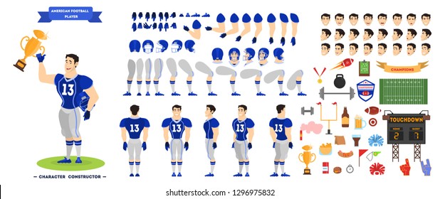 American football player character set for the animation with various views, hairstyle, emotion, pose and gesture. Isolated vector illustration in cartoon style