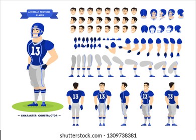 American football player character set for the animation with various views, hairstyle, emotion, pose and gesture. Isolated vector illustration in cartoon style