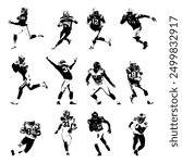 American football player collection isolated on white background. Set of american footbal players on white background. American football player silhouette collection