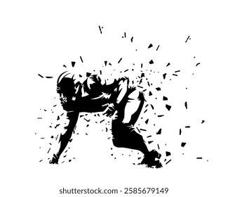 American football player, defensive line position. Isolated vector silhouette with distortion effect. Football clip art