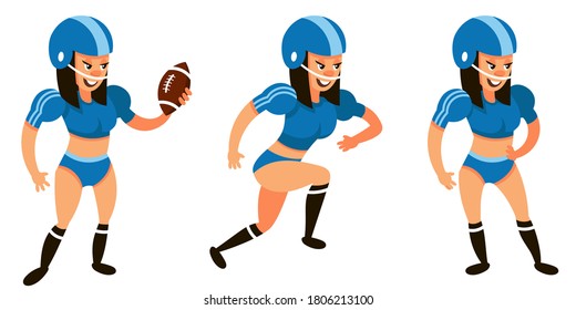 American football player in different poses. Female character in cartoon style.