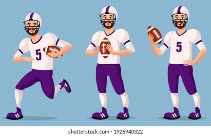 American football player in different poses. Male person in cartoon style.