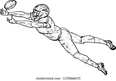 An American Football Player Diving To Catch A Ball For Touchdown Score. Hand Drawn Vector Illustration.