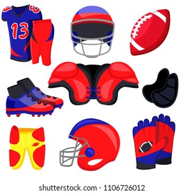 American football player equipment. Flat cartoons vector illustration icons. Isolated on white background. American football accessories:  sport wear, protection, helmet, shoes, glove,ball. Sport gear