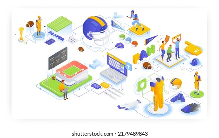 American football player, fans, uniform and protective equipment, live text commentaries, vector isometric illustration.