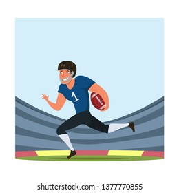 American football player flat vector illustration. Sportsman wearing uniform, professional equipment. Athlete cartoon character on stadium drawing. Footballer running, carrying ball. Hobby, occupation