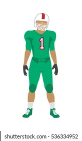 American football player in green uniform, shoes and white helmet equipment. Sport team game. Cartoon icon of football player. American football sign. Sportsman logo. Vector