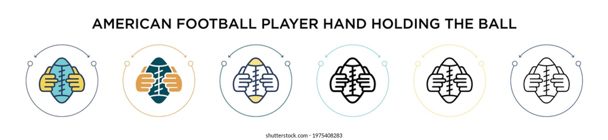 American football player hand holding the ball icon in filled, thin line, outline and stroke style. Vector illustration of two colored and black american football player hand holding the ball vector 