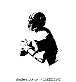 American football player holding ball, isolated vector silhouette, ink drawing