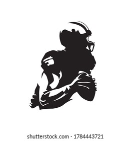 American football player holding ball, isolated vector silhouette, ink drawing logo