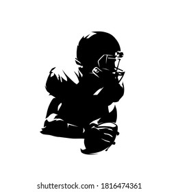 American football player holding ball, football logo. Isolated vector silhouette. Ink drawing