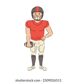 American football player holding a ball. American football character. Rugby, Football cartoon character. Vector illustration