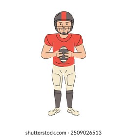 American football player holding a ball. American football character. Rugby, Football cartoon character. Vector illustration