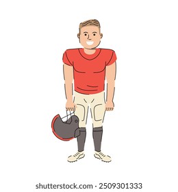 American football player holding a helmet. American football character. Rugby, Football cartoon character. Vector illustration