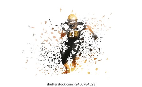 American football player, isolated low poly vector illustration with shatter effect. Running football quarterback, front view