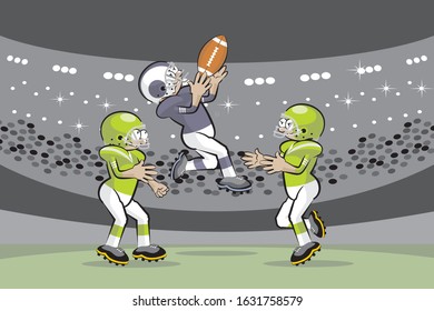 American football player jumps between two of his opponents to catch the ball. Vector illustration in cartoon style, available in EPS 10.