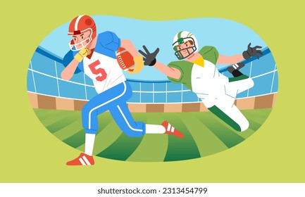 American football player jumps to snatch the ball from the  running opponent on the field