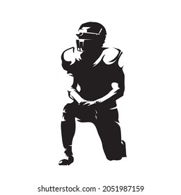 American football player kneeling, isolated vector silhouette, front view