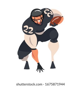 American Football Player, Male Athlete Character in Black Sports Uniform and Protective Helmet Playing with Ball, Front View Vector Illustration