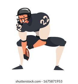 American Football Player, Male Athlete Character in Black Sports Uniform and Protective Helmet in Action Vector Illustration