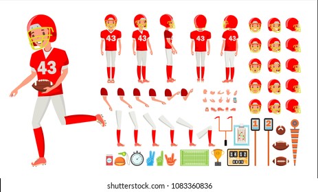 American Football Player Male Vector. Animated Character Creation Set. American Football Man Full Length, Front, Side, Back View, Accessories, Poses Emotions, Gestures. Flat Cartoon Illustration