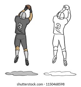 American football player Number three jumping to get the ball in the air vector illustration sketch doodle hand drawn with black lines isolated on white background