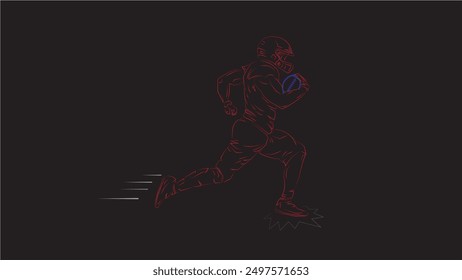 american football player in outline neon isolated in black, running for victory