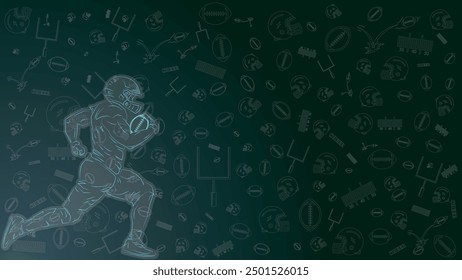 american football player in outline white isolated in dark green running for victory grip the ball, with icon american football background