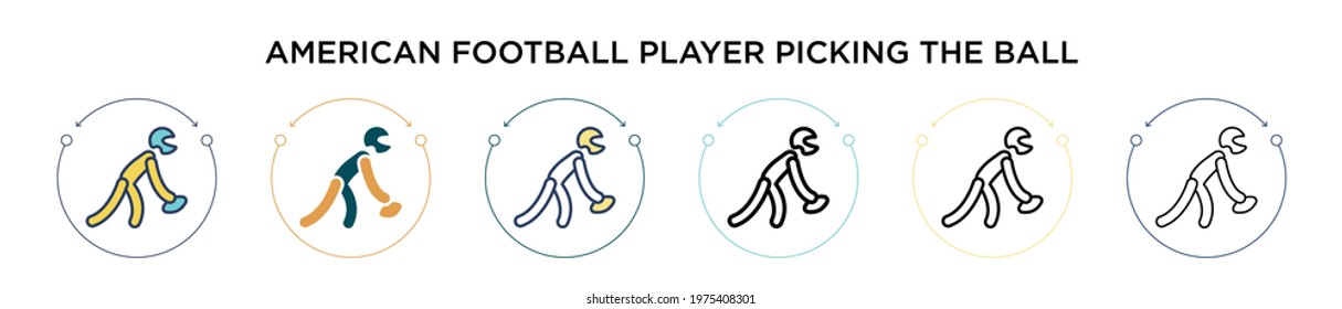 American football player picking the ball icon in filled, thin line, outline and stroke style. Vector illustration of two colored and black american football player picking the ball vector icons 