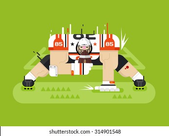 American football player. Protection pose, ball and athlete, game and touchdown, flat vector illustration