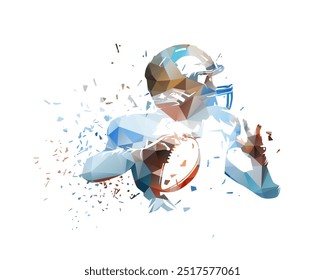 American football player, quarterback, low poly isolated vector illustration from triangles. American football athlete