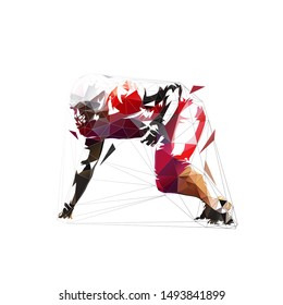 American football player in red jersey, defensive line position. Abstract isolated low poly vector illustration, side view. Team sport athlete